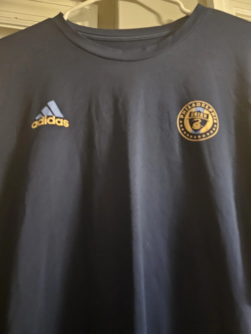adidas Navy Short Sleeve Philqdelphia UNION Logo Crew Tee with Gold Accents